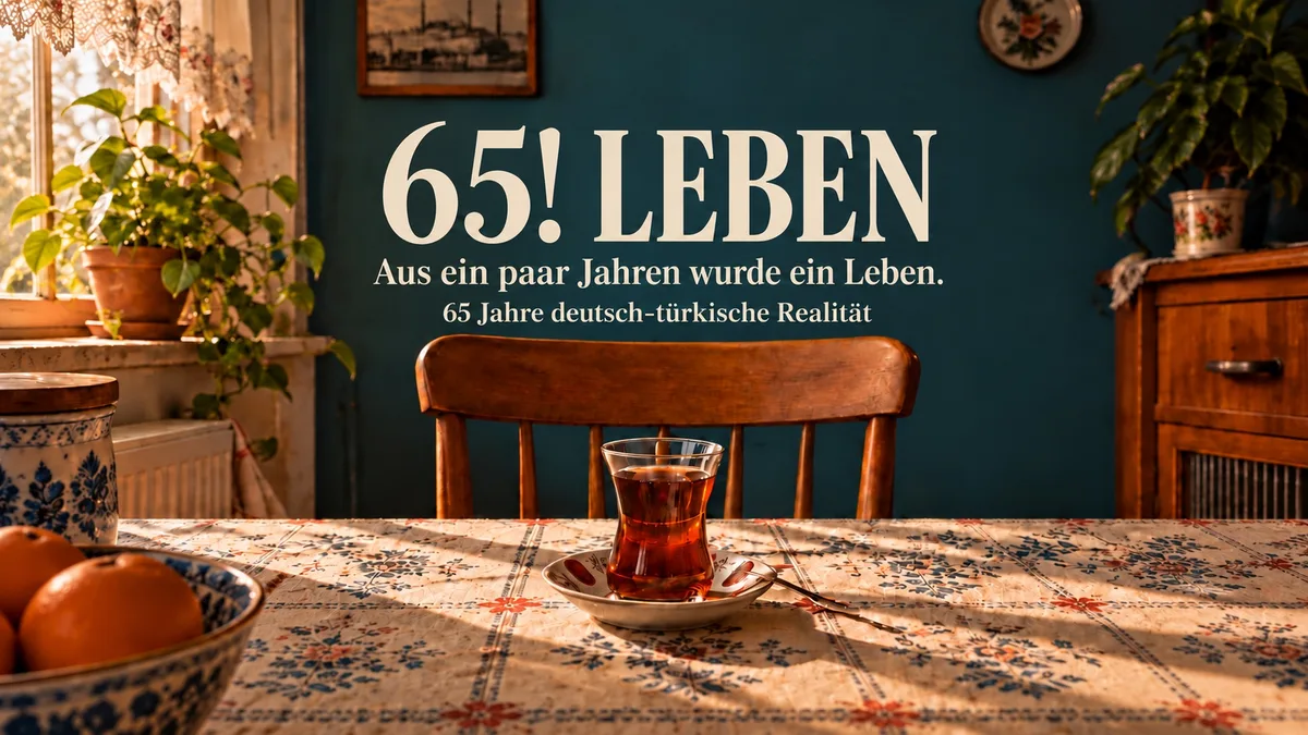 65! LEBEN başlığının altında boş bir ahşap sandalye ve desenli masa üzerindeki çay bardağı.