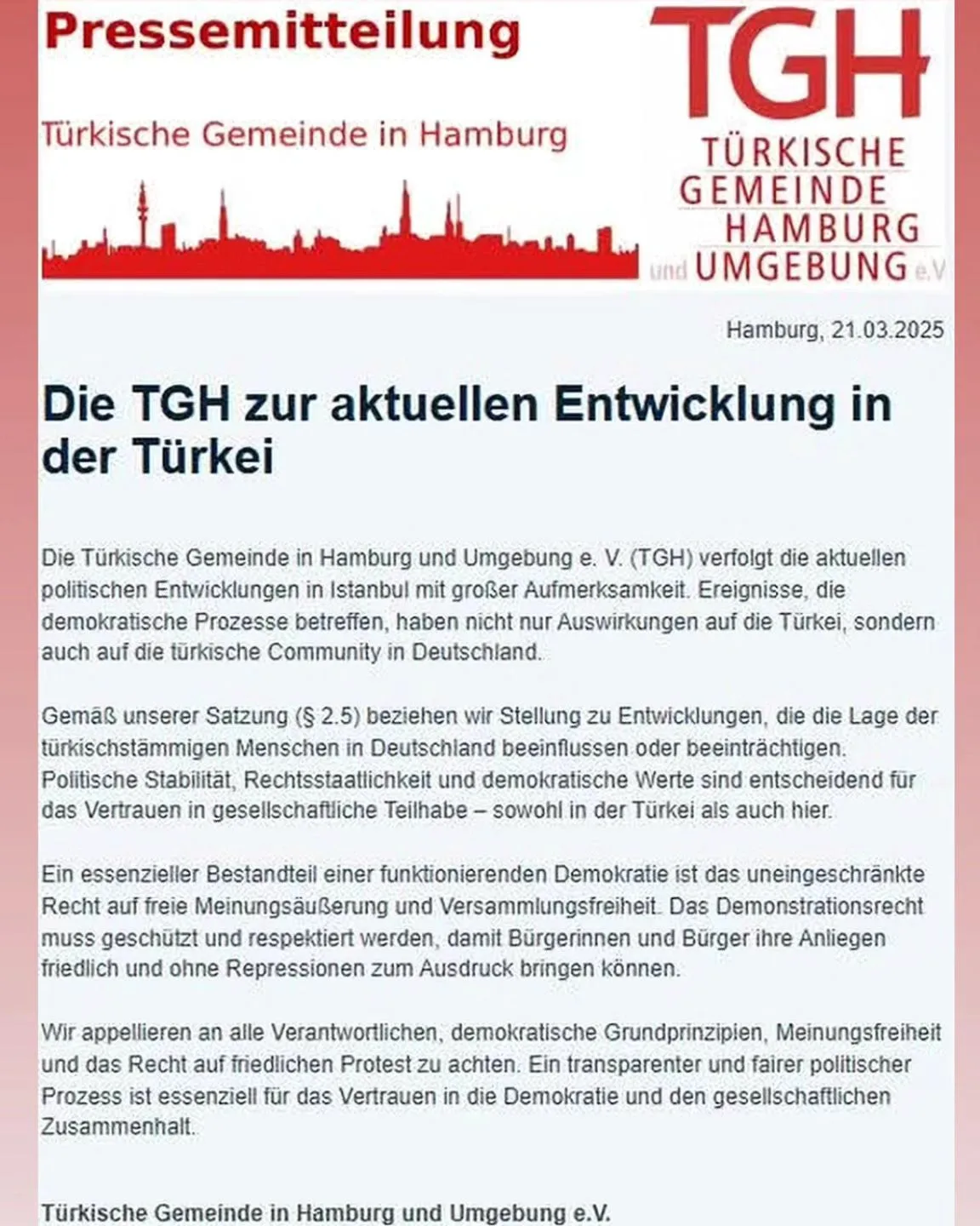 TGH veröffentlicht Presseerklärung zu den politischen Entwicklungen in der Türkei